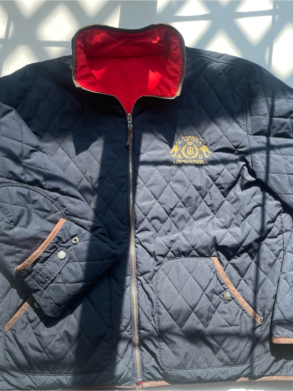 Tommy Hilfiger Reversible Quilted Jacket Men's XXL Navy Blue Red Crest Coat